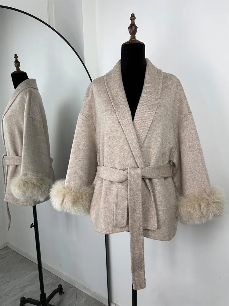 LIZAKOSHT  -  Fox Fur Woolen Women's 2025 Autumn Coat Fashion Patchwork Double-Sided Wool Overcoat Commuter New Elegant Office Jacket