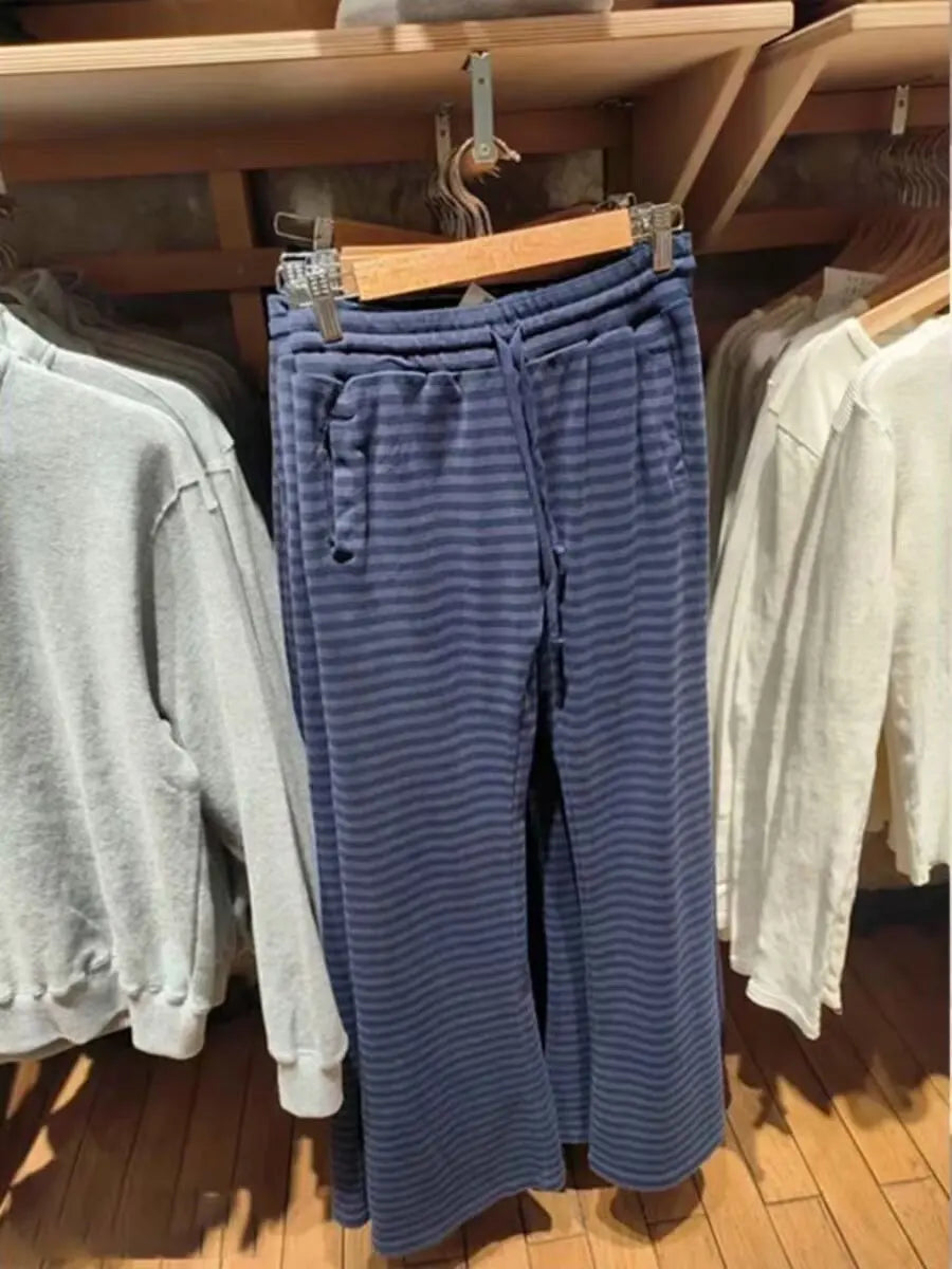 LIZAKOSHT  -  Women Navy Striped Sport Wide Leg Pants Autumn New High Waist Drawstring Trousers American Vintage Streetwear Sweatpants