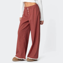 LIZAKOSHT  -  Women Red Gingham Wide Leg Pants Lace Trim Vintage Elastic Waist Straight Leg Plaid Pants Y2K Vintage Streetwear