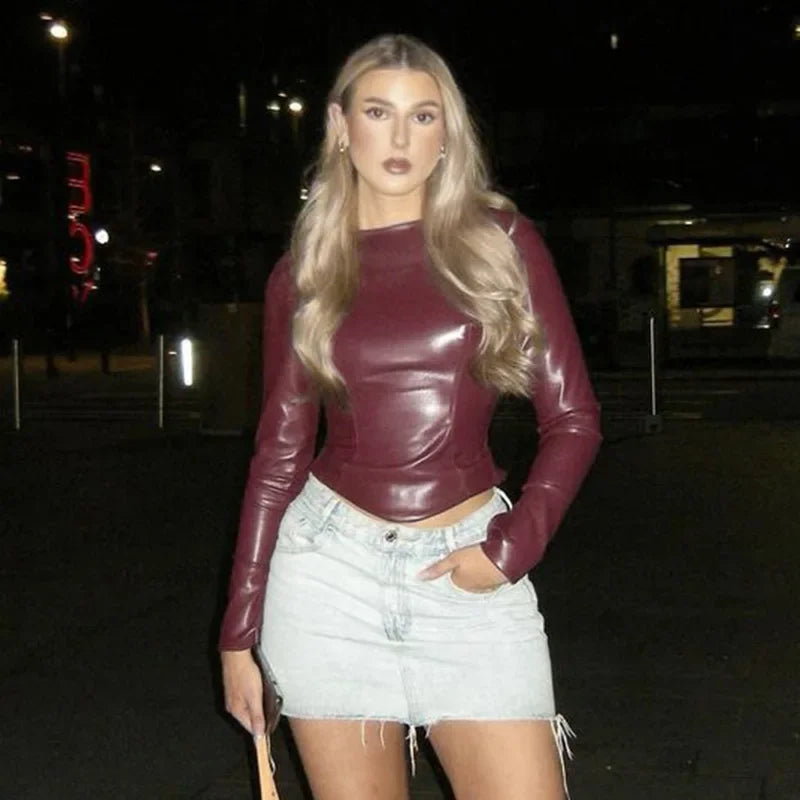 LIZAKOSHT  -  Fashion Women PU Leather Shirt Bustiers Tops Long Sleeve Slim T-Shirts Party Lady WineRed Leather Shirt Corset Top Autumn Winter