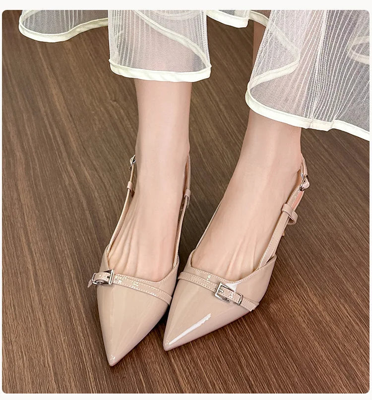 LIZAKOSHT  -  pointed toe japanned leather women sandals metal buckle slingback high heels summer shoes woman cutout sandalias de tacón