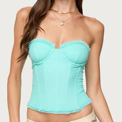 LIZAKOSHT -  Shapewear Strapless Top Women With Elastic Sexy Mesh Double Layered Back Straps Pleated Edges Slim Fit Simple Elegant In Summer