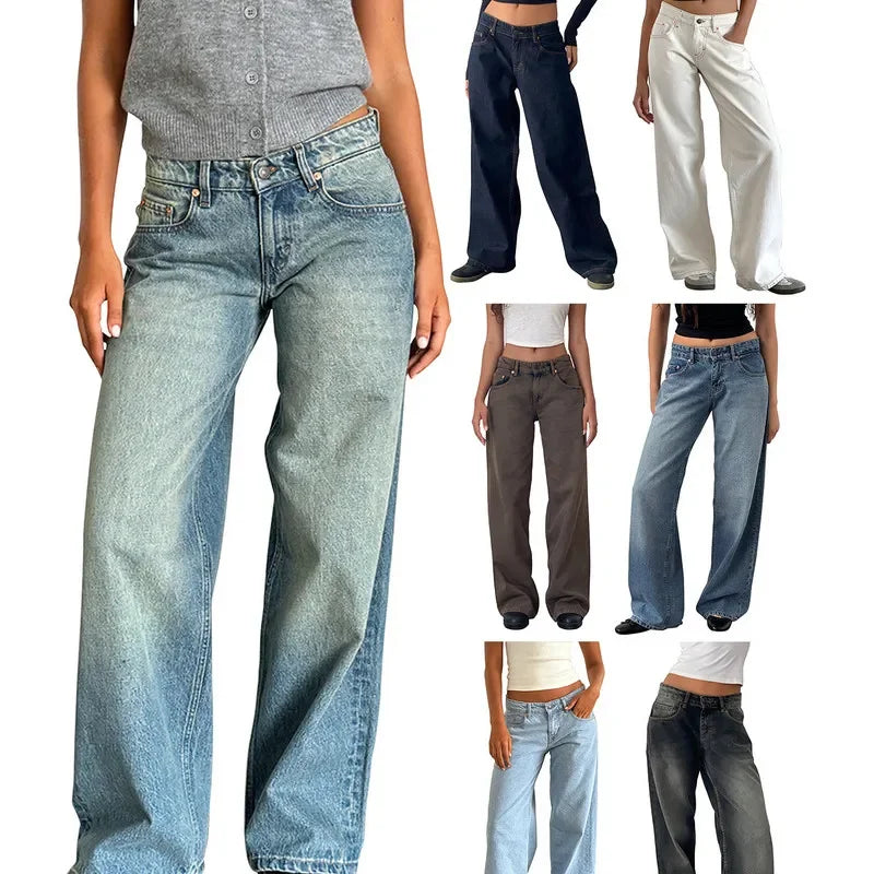LIZAKOSHT  -  Women Jeans Low Waist Zipper Button Solid Color Trousers with Pockets for Daily Streetwear
