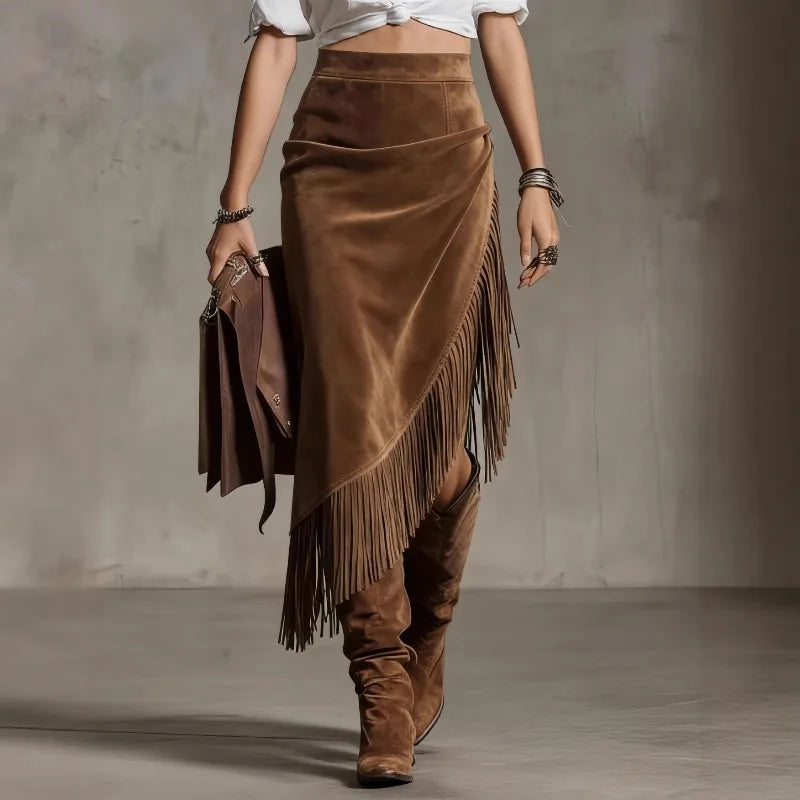 LIZAKOSHT  -  New European American Women's Retro Western Fringed Hemline Irregular Suede Skirt Skirt Fashionable Personalized Women Clothing
