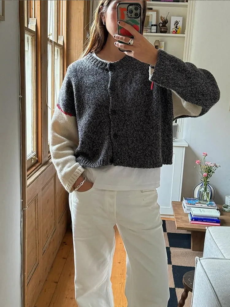 LIZAKOSHT  -  Chic Patchwork Color Contrasting Knitted Cardigan Women Casual O Neck Full Sleeve Short Sweater Autumn New Female Fashion Top ﻿