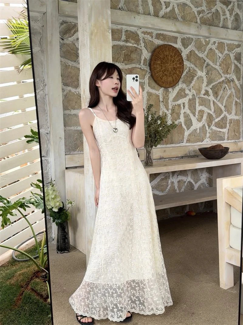 LIZAKOSHT  -  Adjustable Strap Embroidered Dress Women White Sweet Slim Blackless Camis Dress Sexy Off Shoulder Vacation Beach Party Vestidos
