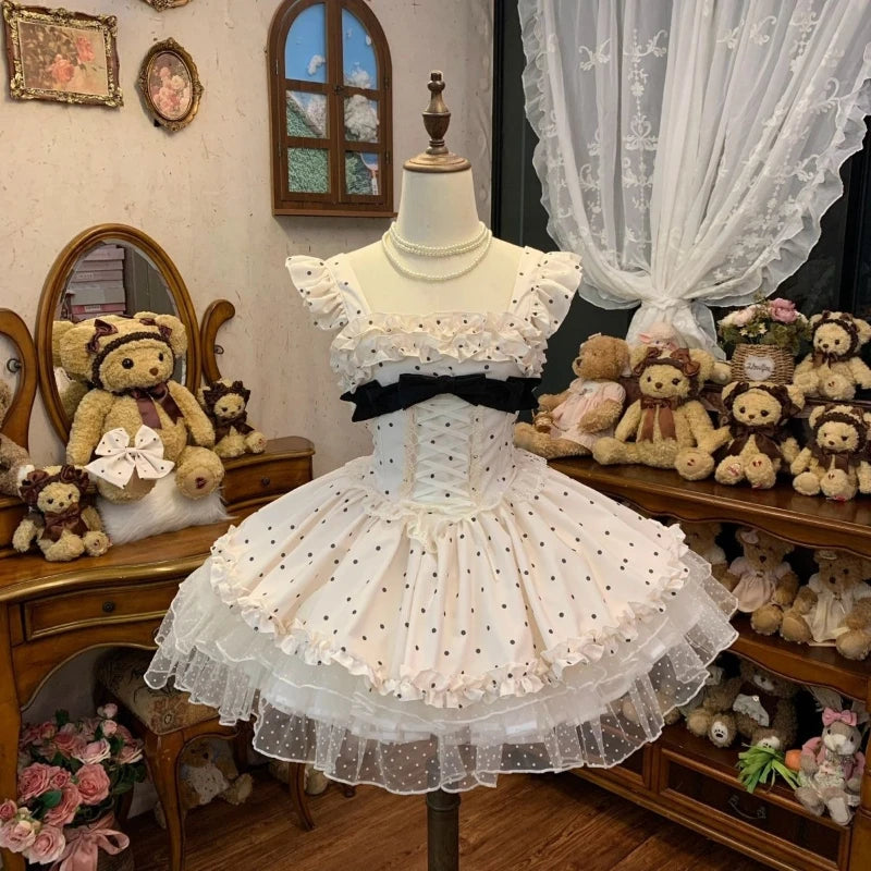 LIZAKOSHT  -  France Sweet Kawaii Lolita Dress Women's Designer Fashion Japanese Cute Thin Polka Dot Patchwork A-line Sling Dresses Clothing