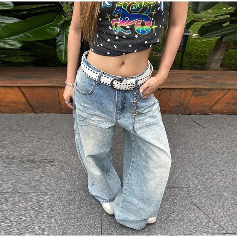 LIZAKOSHT  -  Women's Jeans Vintage Printed High Waist Zipper Pockets Straight Leg Trousers Female Spring Fashion Woman Clothes Outwears