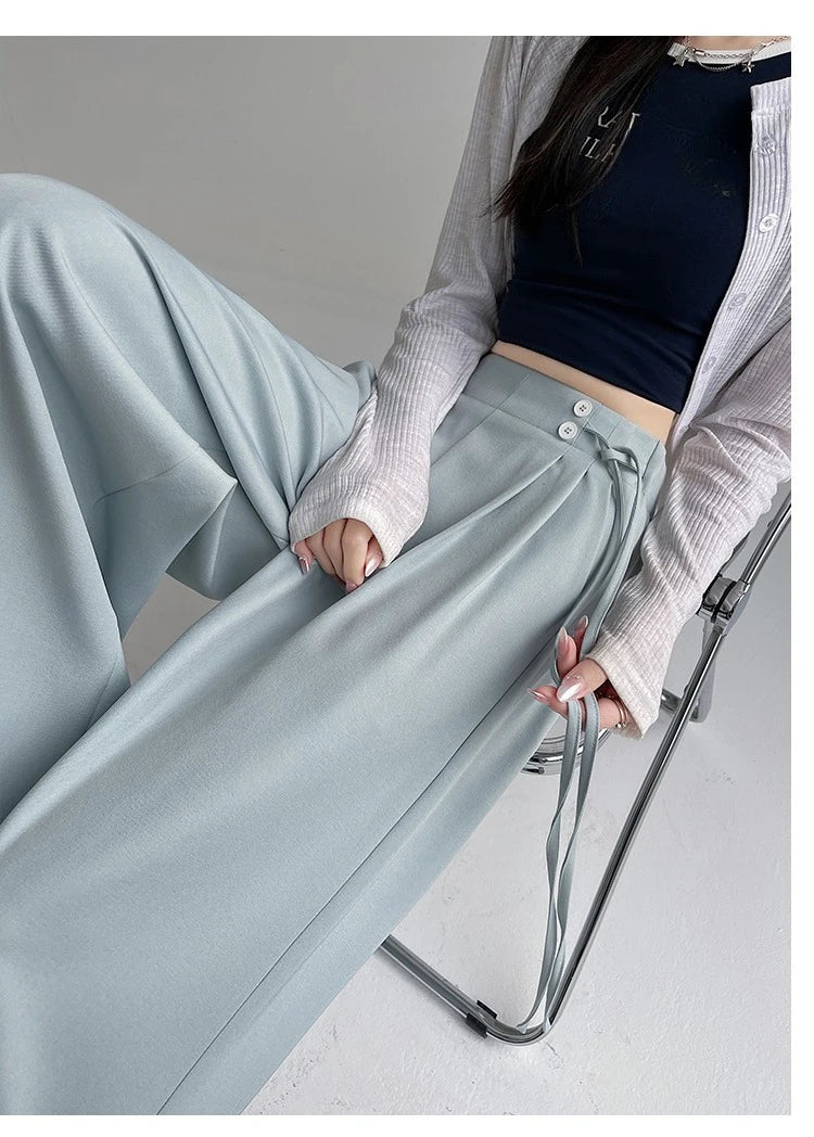 LIZAKOSHT  -  New Spring Summer Buttons High Waist Wide Leg Pants for Women High Waist Lace-up Straight Loose Full Length Trousers Female