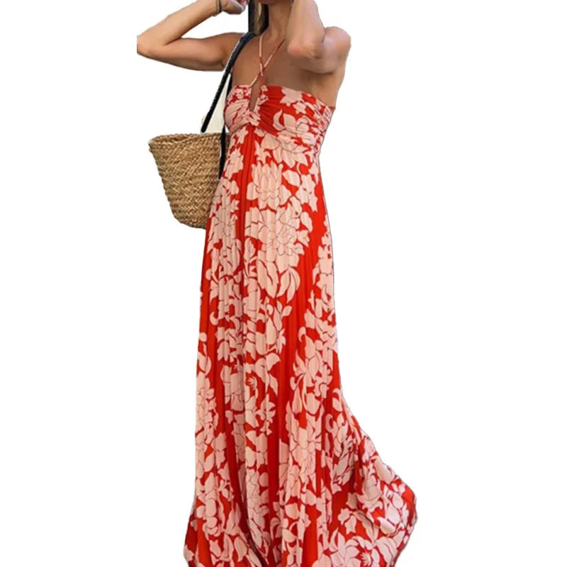 LIZAKOSHT  -  Sexy Printed Pleated Halter Maxi Dress Women Fashion Sleeveless Backless High Waist Dresses Summer Elegant Party Vacation Robe