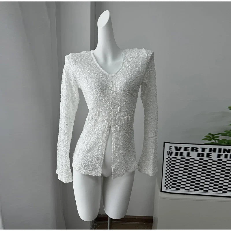 LIZAKOSHT  -  Lace Hollow Out Tops For Women v-neck Sleeveless Single Breasted Front Split Skirts 2025 Summer Female Daily Casual Outerwear