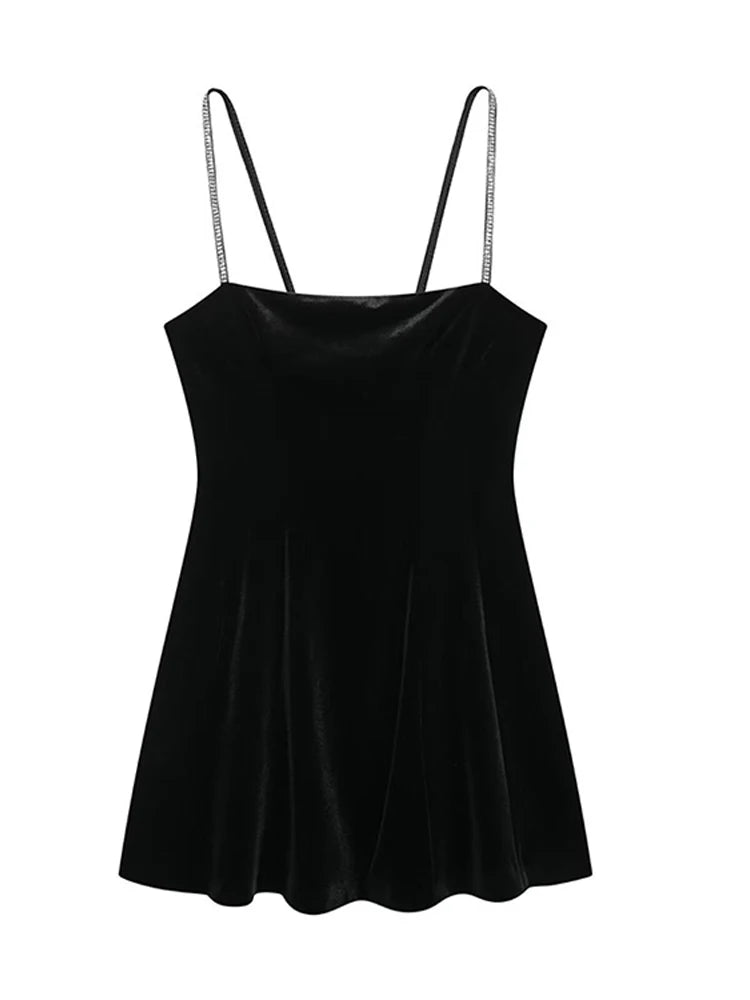 LIZAKOSHT  -  Velvet Halter Dress Black Sexy Slim Fit Elegant Straight Collar Waist Cinched Short Dresses Camisole Evening Gown Women's Wear