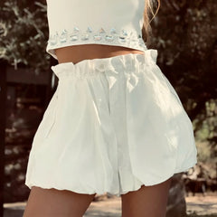 LIZAKOSHT  -  Spring and Summer Women Flower Bud Lantern Cotton Shorts Trend Loose Pleated Pocket Design Solid Versatile Casual Beach Shorts