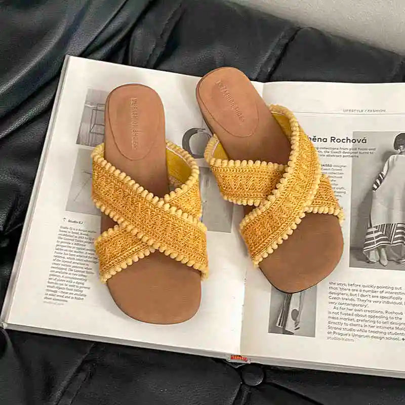 LIZAKOSHT  -  Summer Women Fashion Weave Cross Slippers Casual Comfort Wedges Heel Beach Vacation Slides Shoes