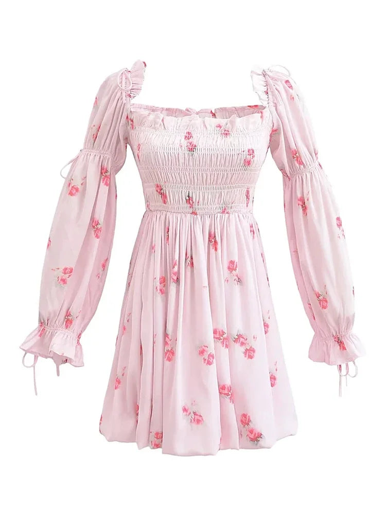 LIZAKOSHT  Floral Printed Pink Satin Short Summer Dress Women Spring Off Shoulder Boho Party Beach Vestidos Long Sleeve Sundress