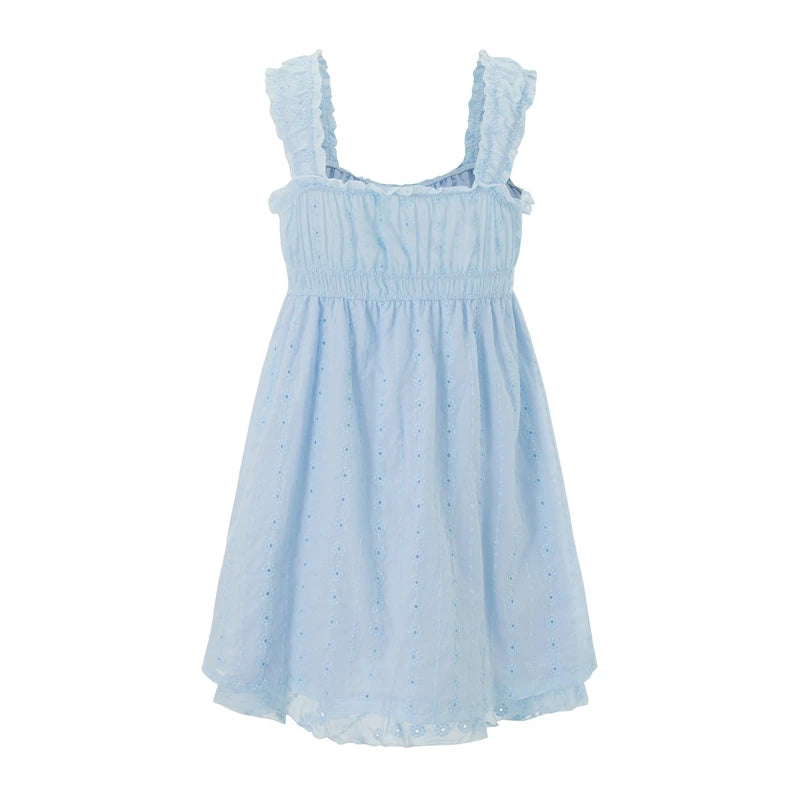 LIZAKOSHT  -  Ruffles Hem Babydoll A-line Dress Vintage Eyelet Mini Dress Women Sleeveless Square Neck Ruched Bust Flowy Dress