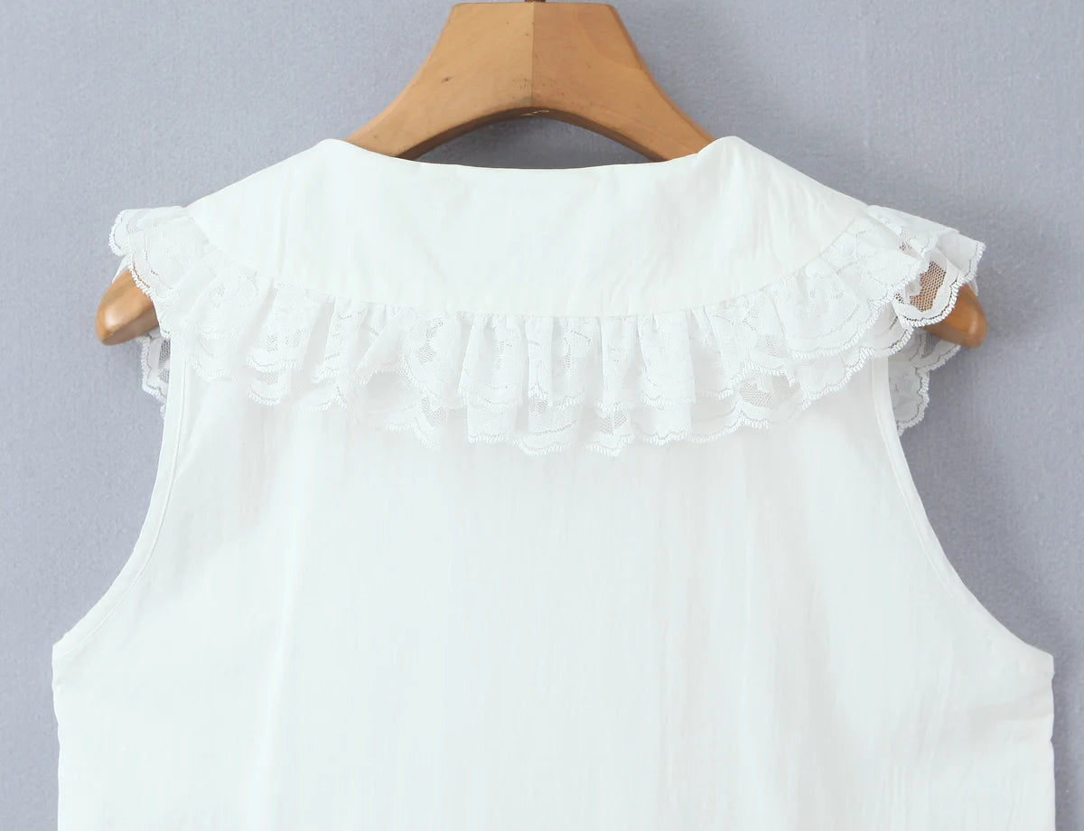 LIZAKOSHT  -  Sweet White Spliced Lace open Buttons Peter Pan Collar Mini Sleeveless Dress Women Wood ears Hem Loose Straight Short Vestidos