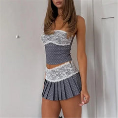 LIZAKOSHT  -  Women Summer Two Piece Lace Trim Outfits Dots Print Tube Tops and Mini Pleated Skirt Set Y2K Vacation Party Matching Suit