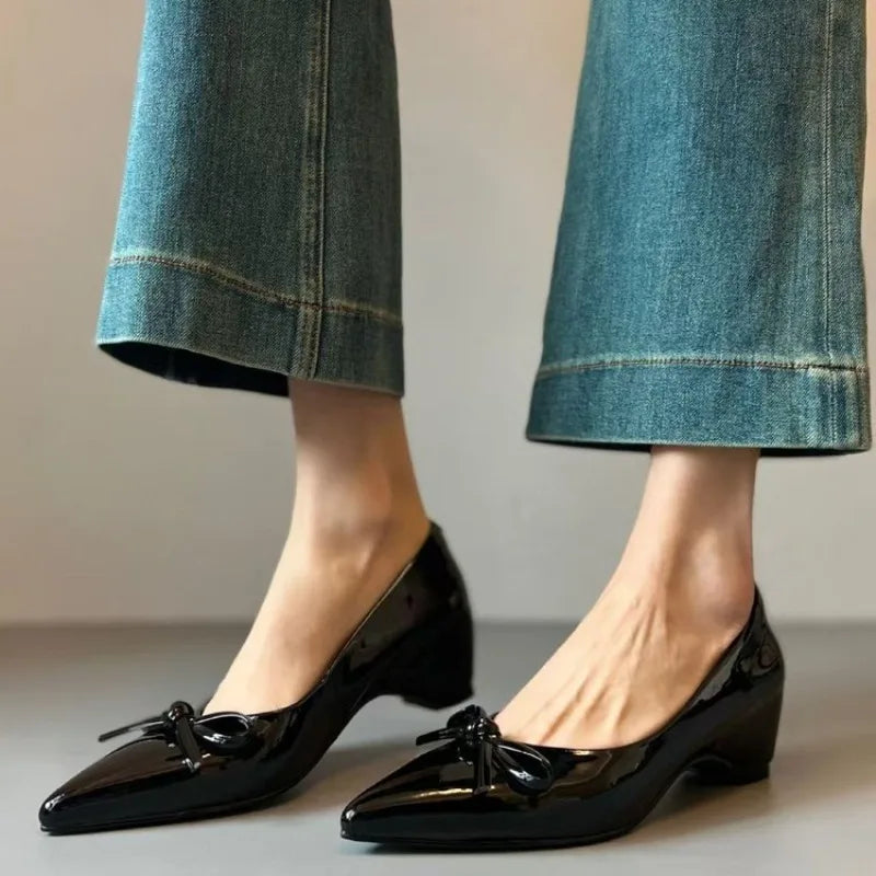 LIZAKOSHT  -  French Mary Jane High Heels Women Pointed Toe Patent Leather Shallow Mouth Bow knot Elegant Dress Pumps Zapatos Mary Jane