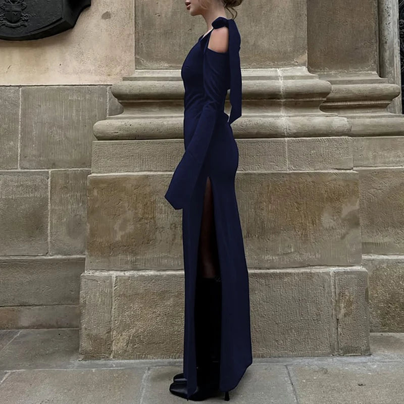 LIZAKOSHT  -  Women's Elegant Long Sleeve Slim Fit Solid Off Shoulder Skew Collar Strappy Side Slit Maxi Dress Casual Sexy Y2K Streetwear