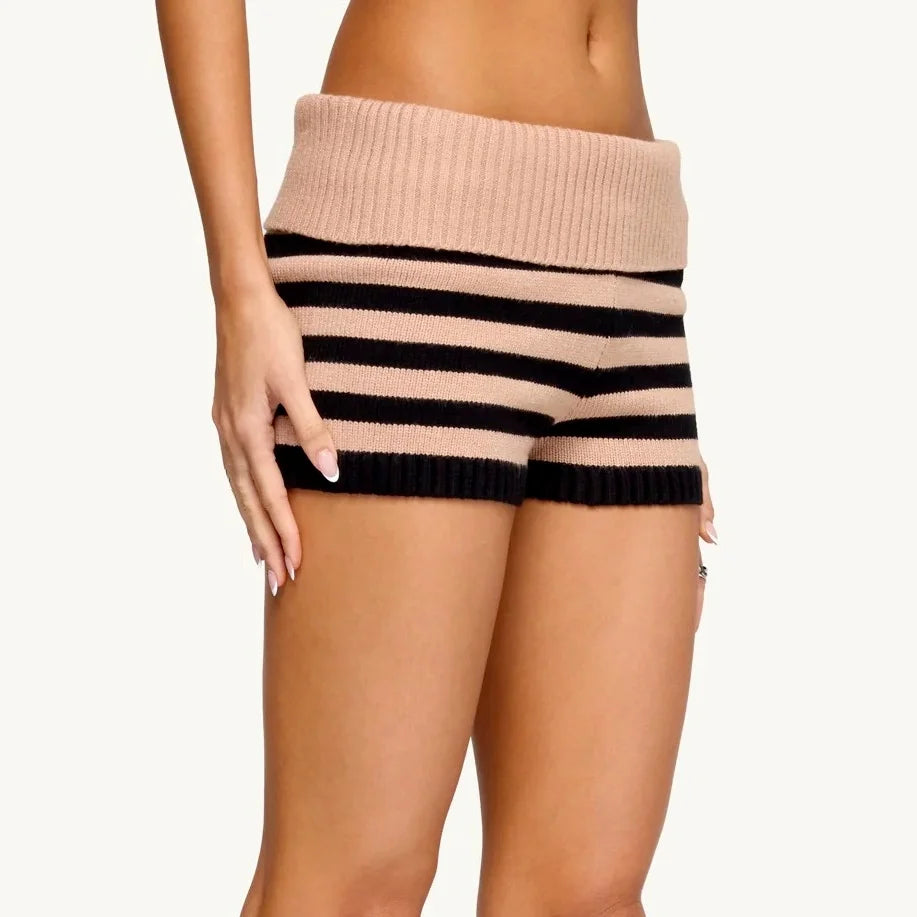 LIZAKOSHT  -  Fashion Womens Knit Shorts Fold Over Low Rise Striped Bodycon Mini Shorts for Daily Office Party Club