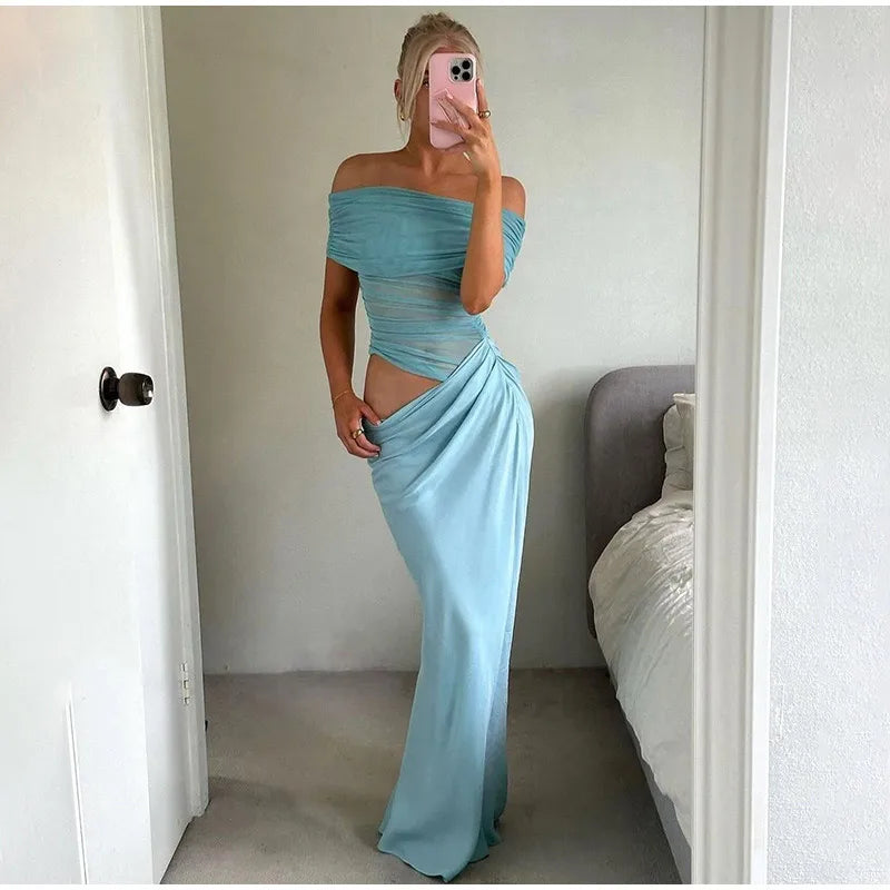 LIZAKOSHT  -  Elegant Sexy Long Dress Women Off Shoulder Hollow Out Sleeveless Patchwork Mesh Robe Female 2025 Spring Summer Chic Solid Robe