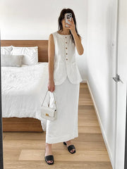 LIZAKOSHT  -  Women's Sleeveless Vest High Waisted Skirt 2-Piece Set Spring Summer New Linen Casual Suit Fashion Office Lady Vest Set