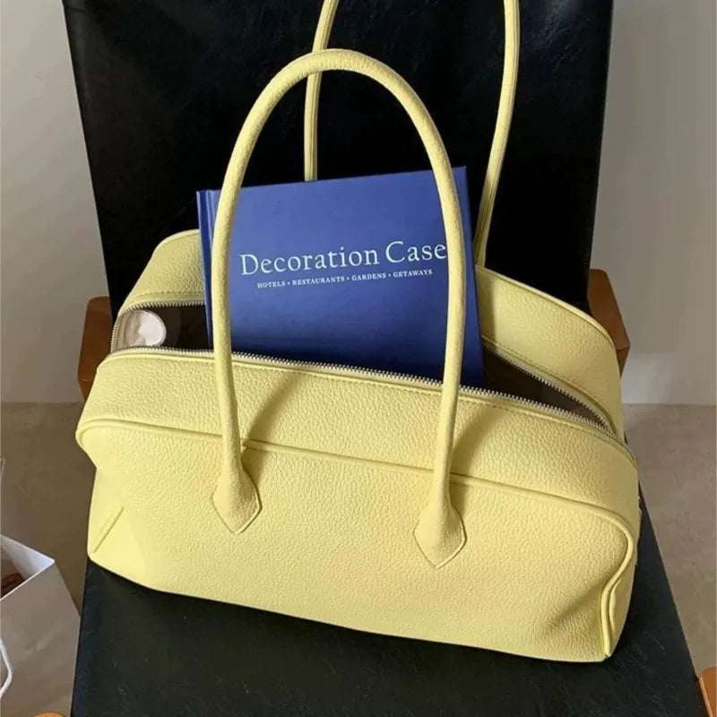 LIZAKOSHT  -  Korean Cute Lychee Pattern Yellow Handbag Women Leather Minimalist Large Capacity Shoulder Bags Ladies Fashion Casual Boston Bag