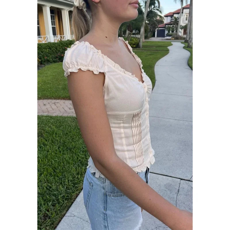 LIZAKOSHT  -  y2k Tank Top Women Summer Clothes Solid Color Cap Sleeve Button Down Slim Fit Frill T Shirt 2000s Vest Streetwear