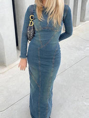 LIZAKOSHT  -  Fashion Women Denim Dress Vintage Blue Long Sleeve Back Zipper Dresses For Women Spring Causal Slim Fit Ladies Long Dresses