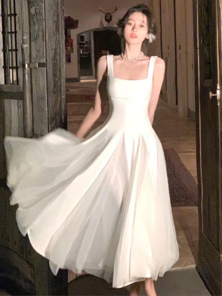 LIZAKOSHT Elegant A-line Wedding Dress Women Solid Spaghetti Strap Ruffles Spring New Evening Party Princess Birthday Vestidos Prom Robe
