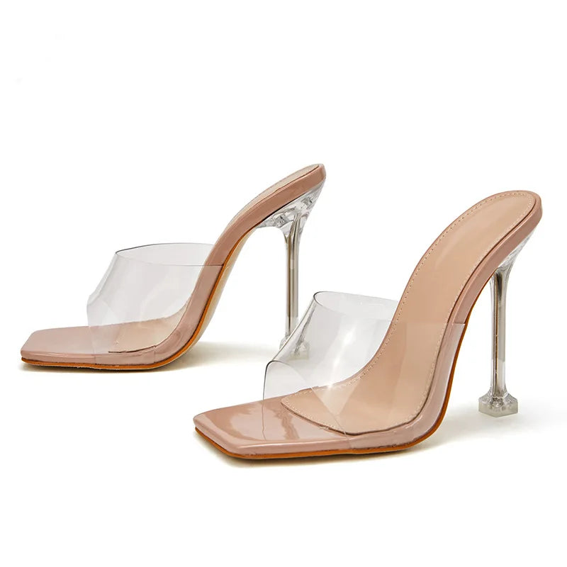 LIZAKOSHT  -  Women's Summer Breathable Clear Block Heel Mules With See-Through Strap And Peep Toe For Party, Transparent High Heel Slippers