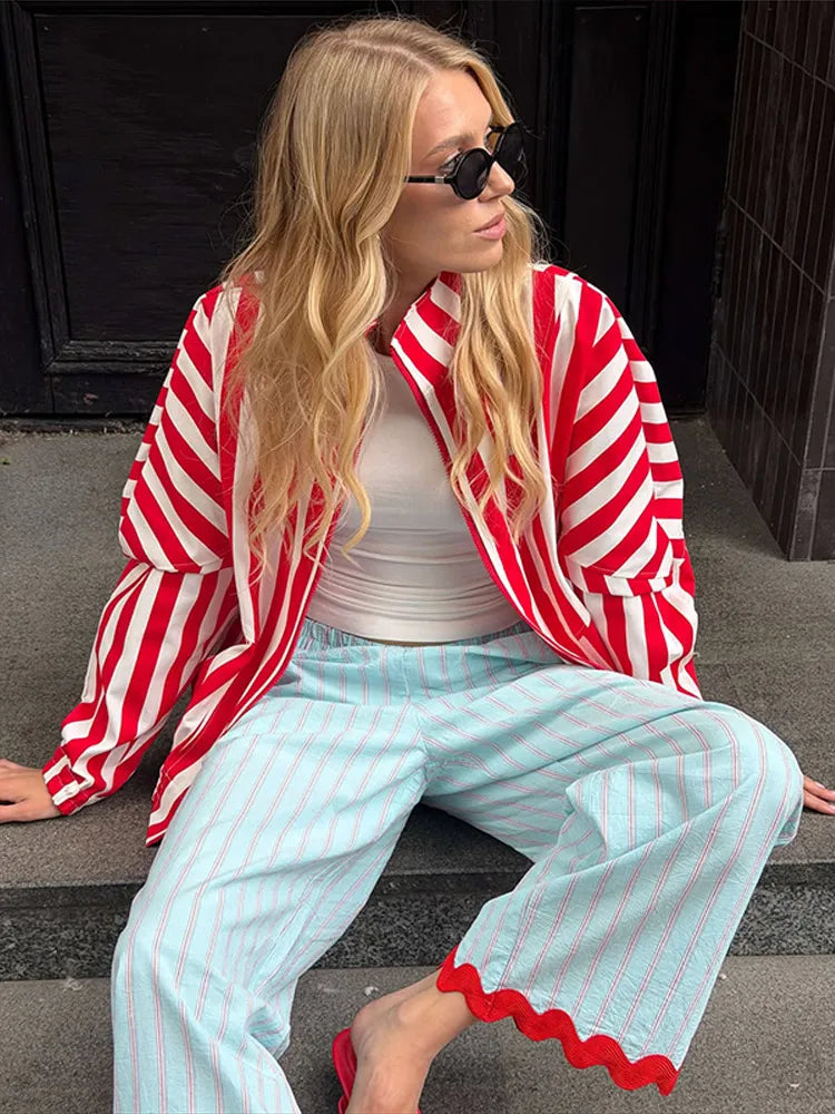 LIZAKOSHT  -  Pants Leg Stripe Women Trousers Adjustable Waist Wrap Loose Summer Floor Length Boho Palazzo Trousers Women Outfit For Women