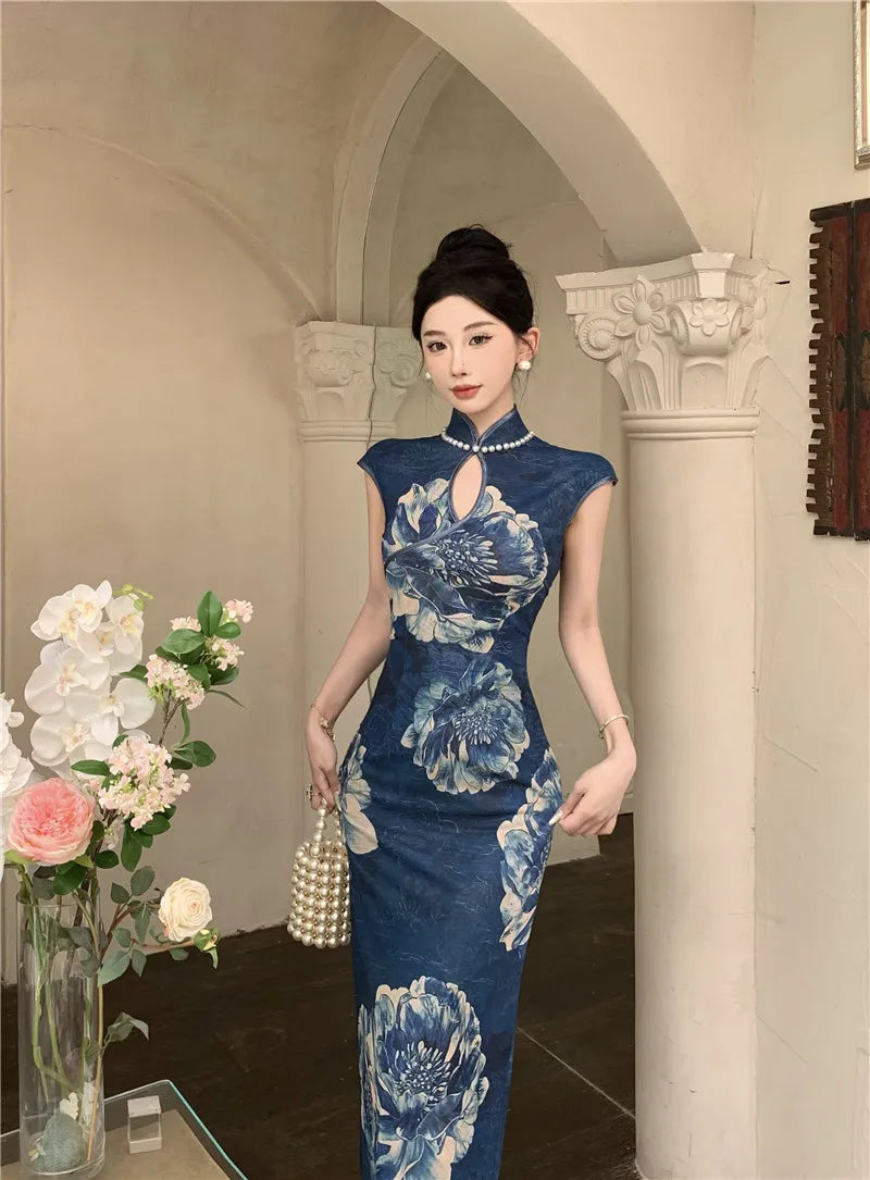 LIZAKOSHT  -  Retro Fashion Pearl Women's Skirt Slim Fit Printed High Quality Slimming  Dress Korean Style Stand Collar Wrap around