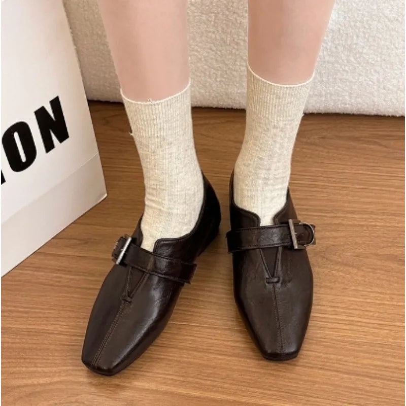 LIZAKOSHT  -  Women Square Toe Mary Jane Shoes Vintage Wrinkle Leather Buckle Strap Loafers Retro Office Dress Footwear Model on Feet