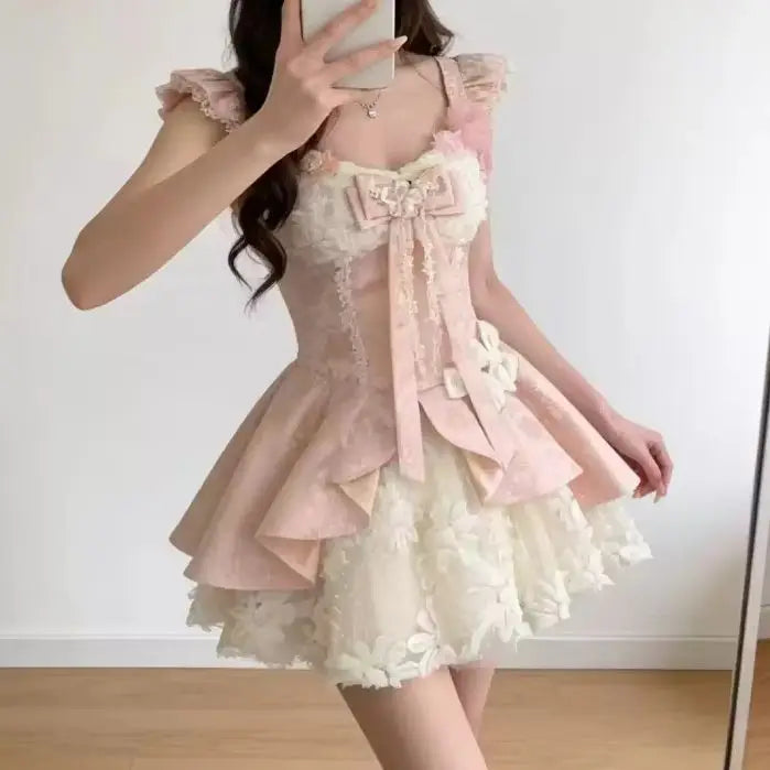 LIZAKOSHT  -  French Sweet Kawaii Lolita Dresses Women Chic Flower Design Lace Mini Pink Dress Japanese Fairy Princess Birthday Party Dresses