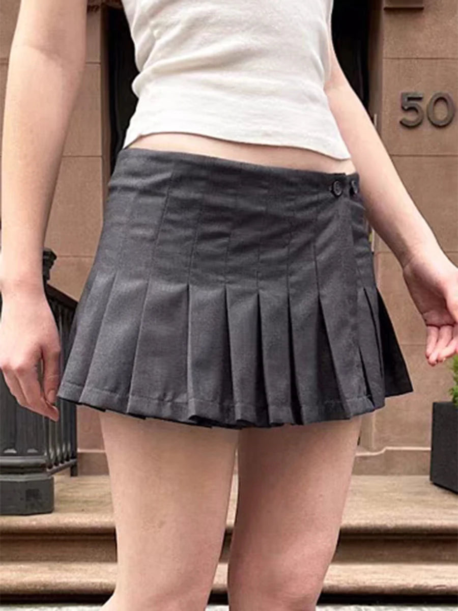 LIZAKOSHT  -  Dark Grey Simple Mini Pleated Skirts Women New One Buttons A-line Short Faldas Summer Vintage Preppy Style Solid Sweet Skirt Y2k