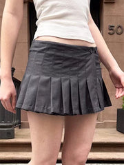 LIZAKOSHT  -  Dark Grey Simple Mini Pleated Skirts Women New One Buttons A-line Short Faldas Summer Vintage Preppy Style Solid Sweet Skirt Y2k