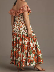 LIZAKOSHT  -  Women Ruffles Slash Neck Off-shoulder Long Dress Sleeveless Striped Fruit Flower Print Cocktail Dress Summer Vestidos