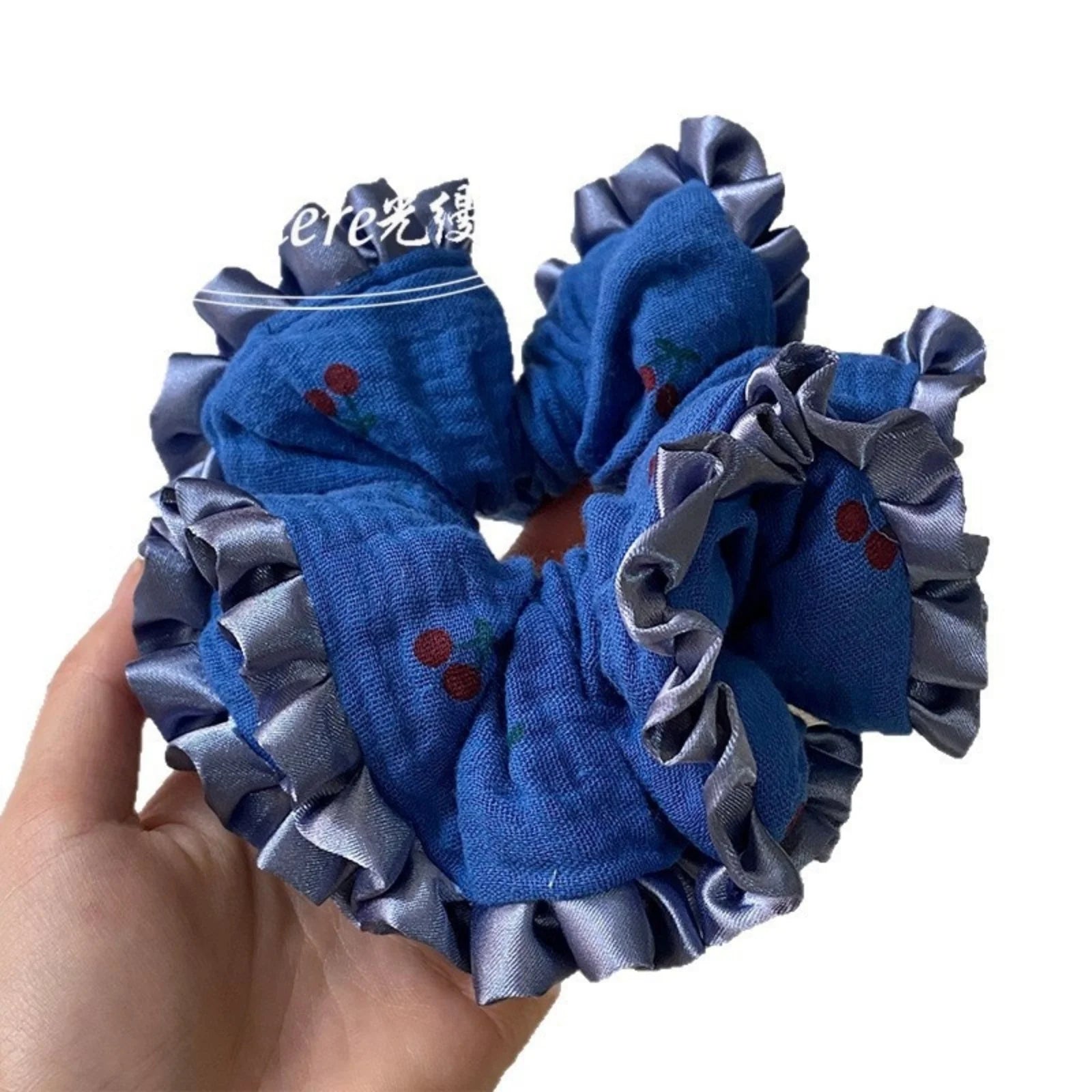 LIZAKOSHT  -  1PC Navy Blue Baby Cotton Gauze Fabric Small Cherry Hair Scrunchie - Ruffled Hair Accessory & Hair Tie for Ponytails
