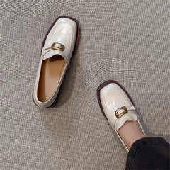 LIZAKOSHT  -  Women's Leather Shoes New Retro White Chunky Heel Loafers Women's British Style High Heels Metal Buckle Thick Heel Single Shoes