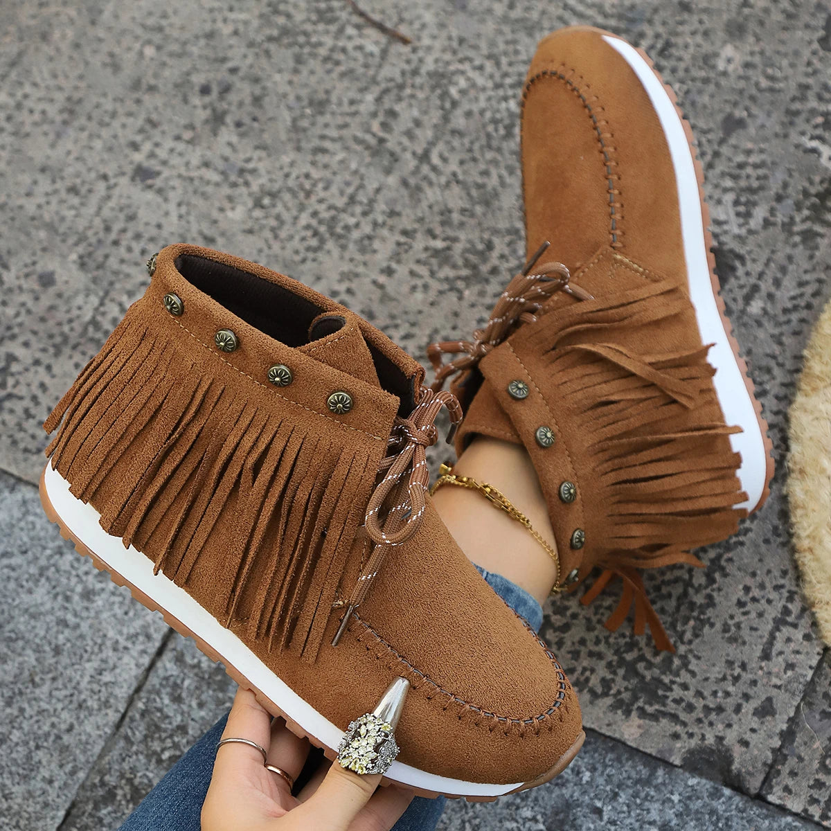 LIZAKOSHT  -  Trendy Womens Tassel Ankle Boots Brown Faux Suede Lace Up Flat Booties Woman Comfort Solid Color Casual Short Botas Mujer