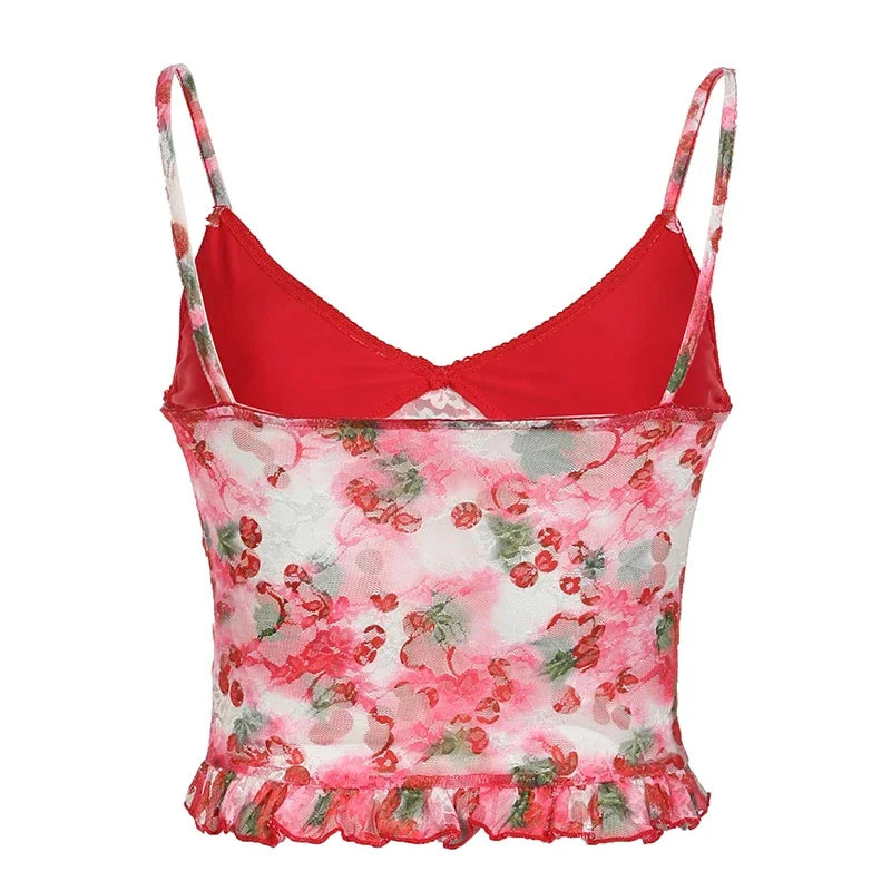 LIZAKOSHT  -  Mesh Floral Print Sexy Crop Tops Ruffles Spaghetti Strap Lace Y2k Camis Sleeveless V-Neck Slim Tees Streetwear Shirts For Women