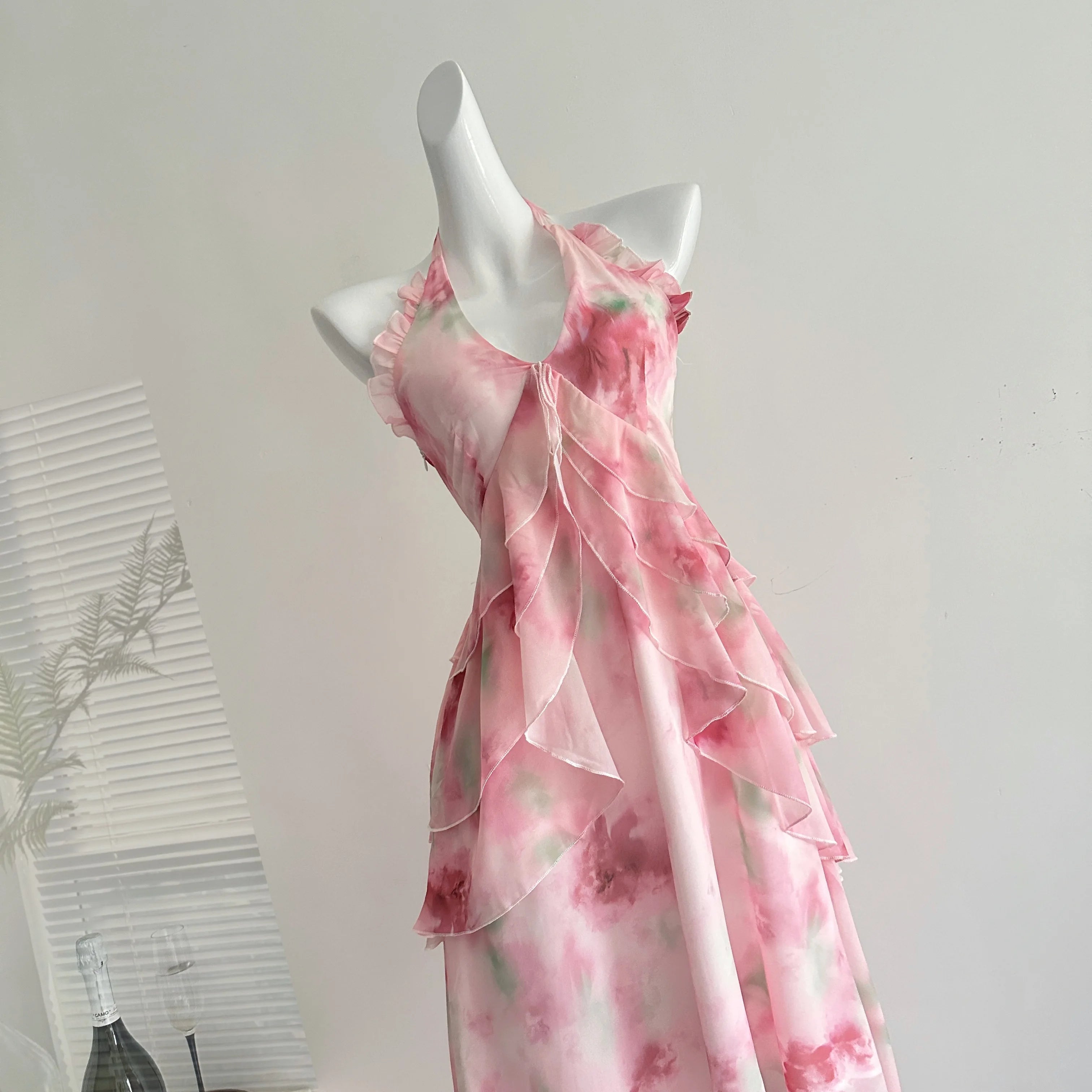 LIZAKOSHT  -  Summer Women Birthday Prom Halter Dress Maxi Coquette French Vintage Vacation Frock Evening Old Money One-Piece Party Aesthetic