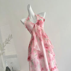 LIZAKOSHT  -  Summer Women Birthday Prom Halter Dress Maxi Coquette French Vintage Vacation Frock Evening Old Money One-Piece Party Aesthetic