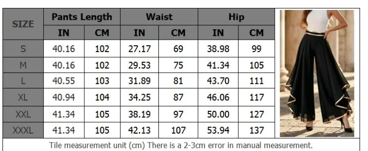 LIZAKOSHT  -  Summer Women Elegant High Waist Pants Fashion Gold Trim Flowy Spliced Layered Hem Casual Wide Leg Pants Lady Loose Pants