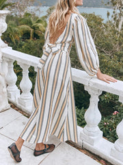 LIZAKOSHT  -  Women Fashion Midi Dress Vintage Striped Print Contrasting Lantern Sleeve Backless Tie-up Waist A-Line Dress Casual Streetwear