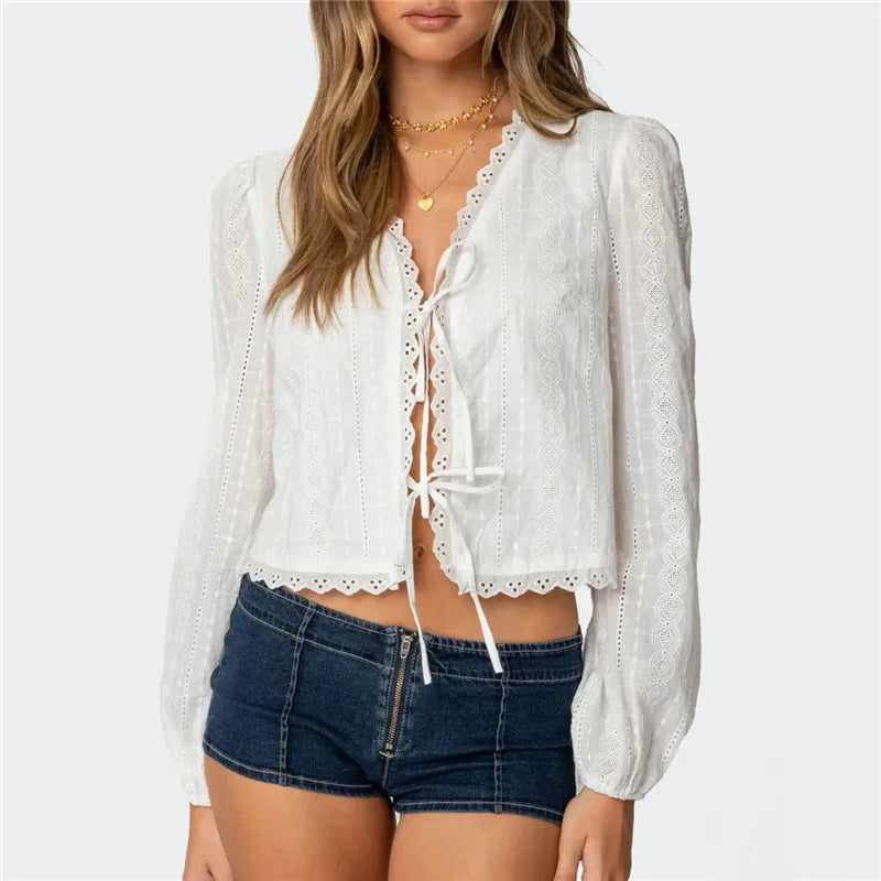 LIZAKOSHT  -  Long Sleeve Tie-up Hollowed Ladies Jacket Fall Spring Tops Women Boho Vintage Embroidery Cardigan T shirt Top Vintage Streetwear