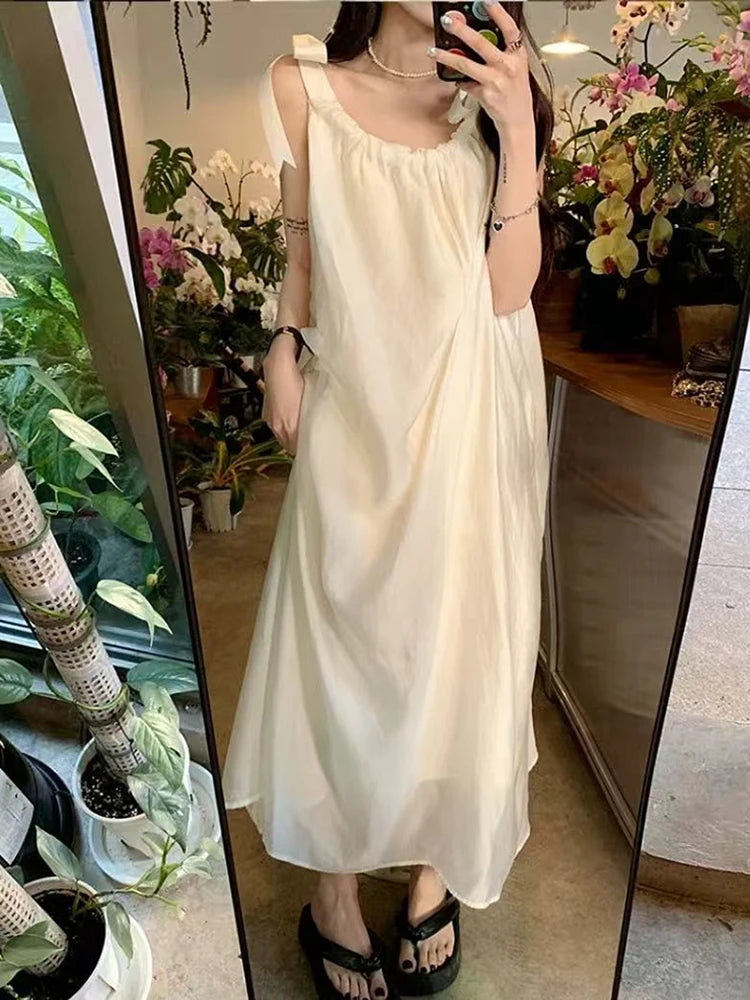 LIZAKOSHT  -  Summer Chiffon Bow Camis Dress Women Summer Irregular Sleeveless Midi Dress Loose Beach Vacation All Match A Line Vestidos
