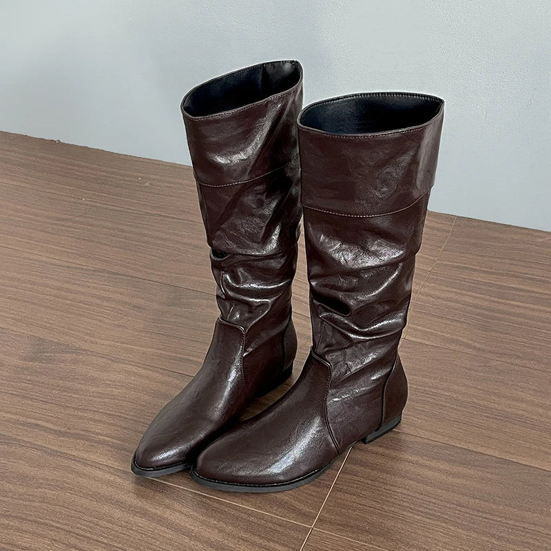 LIZAKOSHT  -  Cosy Soft Leather Women Knee High Boots Fashion Slip On Knight Long Booties Winter Internal Elevation Shoes Zapatos De Mujer